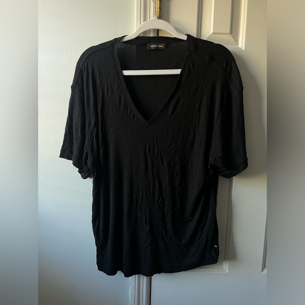 Anine bing medium micro modal Black V-Neck T-Shirt with gold logo